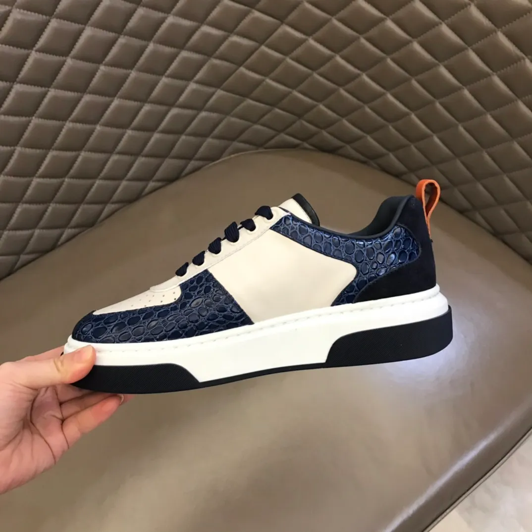 p420 "Salvatore Ferraga**" men's low-cut fashion sneakers. This casual shoe has a novel structure and is made of soft calfskin. The contrasting color elements on the upper highlight the bold and avant-garde atmosphere. The first-layer cowhide lining is high-end and comfortable. Energetic and fresh, these shoes can be worn with casual looks or add a touch of street style to elegant trousers.  Size: 38-44